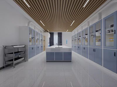 Modern Laboratory Interior With Blue Storage Cabinets Central Bench And Glass Door Cabinets 3d model