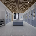 Modern Laboratory Interior With Blue Storage Cabinets Central Bench And Glass Door Cabinets