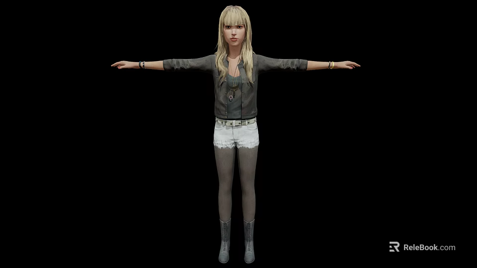Blonde Woman With Arms Outstretched Wearing Black Jacket White Shorts Gray Boots Against Black Background 3d model 