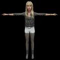 Blonde Woman With Arms Outstretched Wearing Black Jacket White Shorts Gray Boots Against Black Background