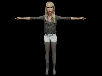 Blonde Woman With Arms Outstretched Wearing Black Jacket White Shorts Gray Boots Against Black Background 3d model