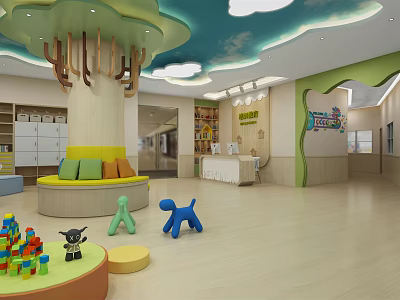 Bright Kindergarten Interior With Cloud Ceiling Tree Structure Cozy Seating And Colorful Toys 3d model