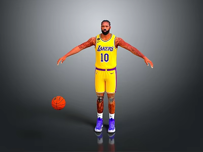 Man in Lakers Yellow Jersey Number 10 Standing with Basketball and Outstretched Arms 3d model