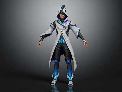Futuristic Sci Fi Character in Tech Inspired Outfit With Hooded Coat and Glowing Blue Accents 3d model