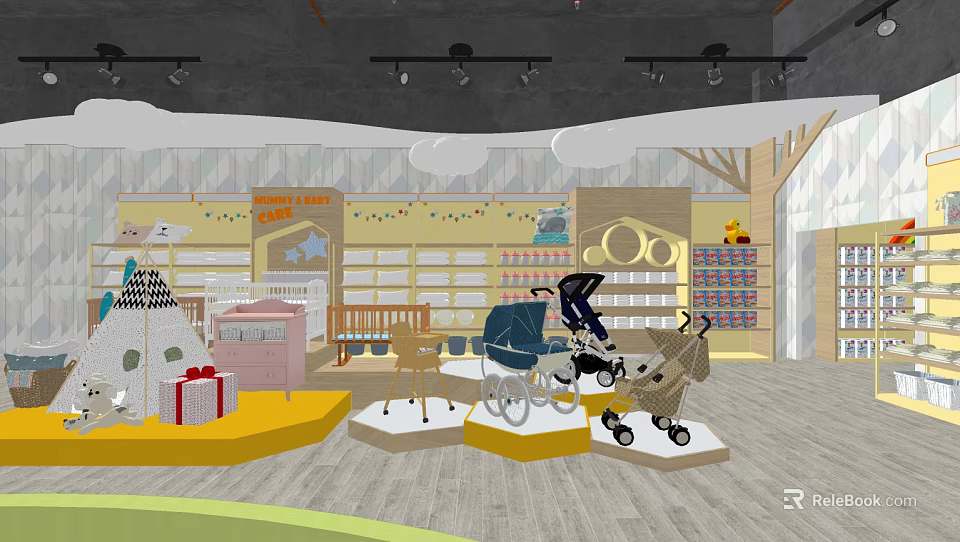 Baby Products Store Featuring Strollers Cribs Toys Gifts with Shelves and Bright Lighting 3d model 