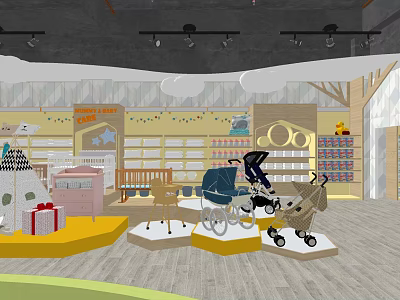 Baby Products Store Featuring Strollers Cribs Toys Gifts with Shelves and Bright Lighting 3d model