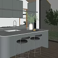 Modern Open Kitchen Interior With Gray Cabinets White Countertop Island And Black Bar Stools