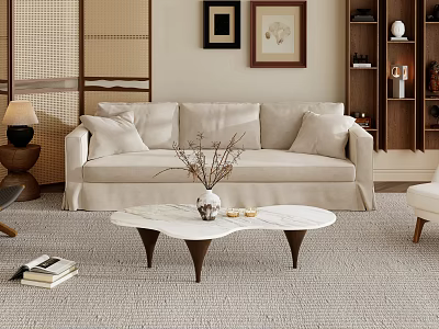 Modern Marble Coffee Table With Dark Base In Living Room With Beige Sofa And Wall Art 3d model