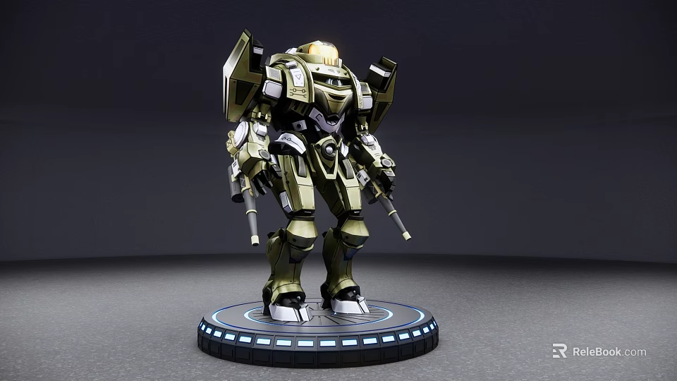 Smart Machine Robot Model Standing on Blue Light Base with Green and Gold Mechanical Structure 3d model 