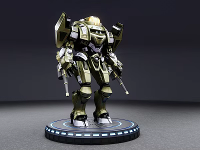 Smart Machine Robot Model Standing on Blue Light Base with Green and Gold Mechanical Structure 3d model