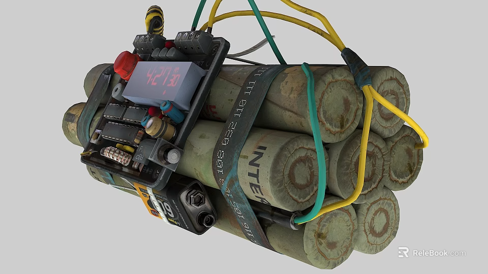 Inert Military Bomb Featuring Multiple Explosive Cylinders Bound Straps Yellow Green Wires Timer And Label 3d model 