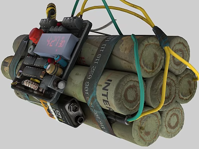Inert Military Bomb Featuring Multiple Explosive Cylinders Bound Straps Yellow Green Wires Timer And Label 3d model