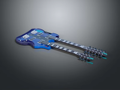 Blue Double Neck Electric Guitar With Silver Accents And Tuning Knobs 3d model