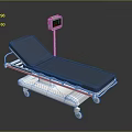 Medical Examination Bed With Blue Mattress White Frame And Digital Display On Wheels