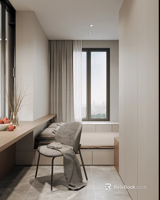 Modern Tatami Bedroom Interior With Tatami Bed Window Curtains And Storage Cabinets 3d model 