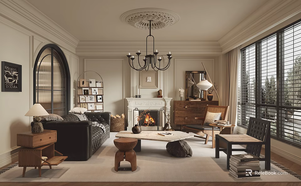 Elegant Living Room Interior With Fireplace Chandelier Sofa Armchair And Coffee Table 3d model 