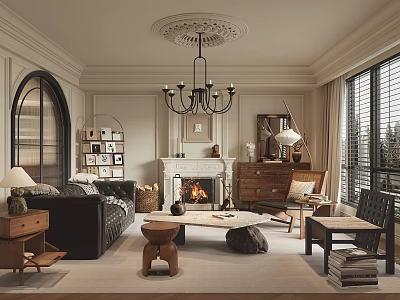 Elegant Living Room Interior With Fireplace Chandelier Sofa Armchair And Coffee Table 3d model