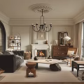 Elegant Living Room Interior With Fireplace Chandelier Sofa Armchair And Coffee Table