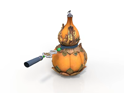 Orange Gourd Shaped Daily Use Item With Decorative Strap Green Beads And Long Black Handle 3d model