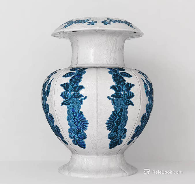 Decorative White Ceramic Vase With Intricate Blue Floral Patterns And Lid 3d model 