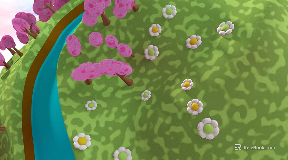 Spring Natural Scene With Pink Cherry Blossoms Green Grass White Small Flowers And Blue River 3d model 