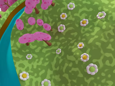 Spring Natural Scene With Pink Cherry Blossoms Green Grass White Small Flowers And Blue River 3d model