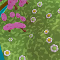 Spring Natural Scene With Pink Cherry Blossoms Green Grass White Small Flowers And Blue River