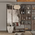 Chinese Style Armchair With Cushions Near Bamboo Screen And Wooden Bookshelf