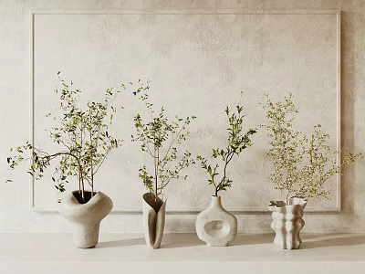 Bonsai Plants In Ceramic Vases With Various Designs On White Tabletop And Light Gray Wall 3d model