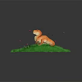 Orange Dinosaur Reptile Standing On Green Grass With Yellow Red Flowers And Flying Red Butterflies