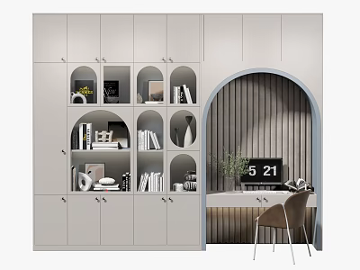 Light Gray Bookcase With Open Shelves Closed Cabinets And Arched Design Near Desk Area 3d model