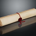 Ancient Parchment Scroll Tied With Red Ribbon And Wax Seal On Dark Reflective Surface