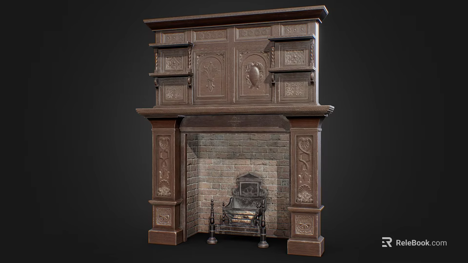 Ornate Vintage Carved Wood Fireplace Featuring Brick Interior And Decorative Columns 3d model 