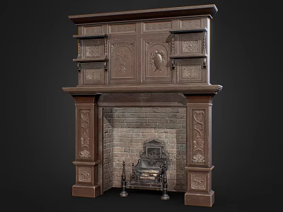 Ornate Vintage Carved Wood Fireplace Featuring Brick Interior And Decorative Columns 3d model