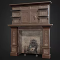 Ornate Vintage Carved Wood Fireplace Featuring Brick Interior And Decorative Columns