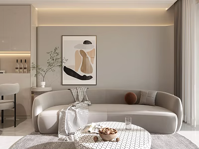 Modern Living Dining Room With Light Gray Sofa Round Coffee Table Decorative Painting And Green Plant 3d model