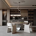 Modern Restaurant Interior With Round Dining Table White Chairs Chandelier And Marble Accents