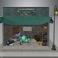 Vintage Motorcycle Shop Building With Green Awning Brick Wall And Street Lamp