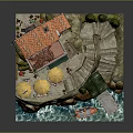 Coastal Scene Decorative Model with Red Building Green Windows Orange Umbrellas Trees and Small Boat