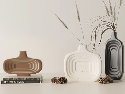 Decorative Ornament Set With Modern Textured Vases Brown White Gray And Pine Cones 3d model