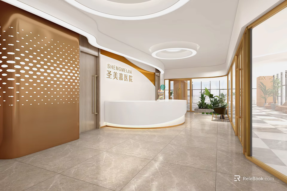 Elegant Beauty Salon Lobby With White Reception Desk And Marble Floor 3d model 