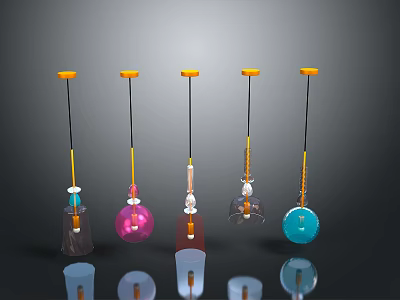 Multiple Colorful Hanging Decorative Objects With Yellow Tops Black Strings And Transparent Parts 3d model
