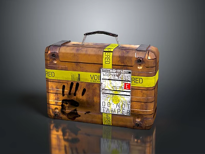 Vintage Brown Suitcase With Yellow Tape Handprint And Warning Labels 3d model
