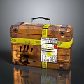 Vintage Brown Suitcase With Yellow Tape Handprint And Warning Labels