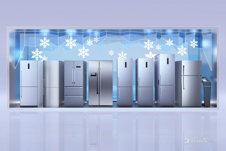 Various Stainless Steel Refrigerators Display In Modern Showcase With Snowflake Background 3d model 