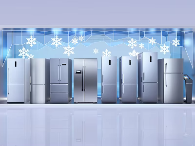 Various Stainless Steel Refrigerators Display In Modern Showcase With Snowflake Background 3d model