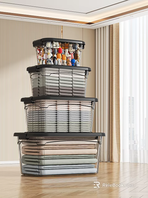 Household Supplies Stackable Storage Baskets With Transparent Lids Black Frame And Hanging Hooks 3d model 