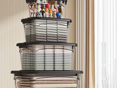 Household Supplies Stackable Storage Baskets With Transparent Lids Black Frame And Hanging Hooks 3d model