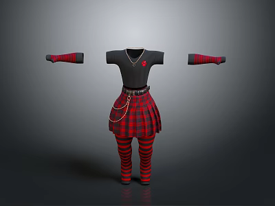 Black T Shirt With Red Plaid Skirt Red Striped Tights And Arm Sleeves 3d model