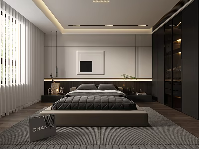 Modern Bedroom Interior With Bed Wardrobe Artwork Lighting And Area Rug 3d model